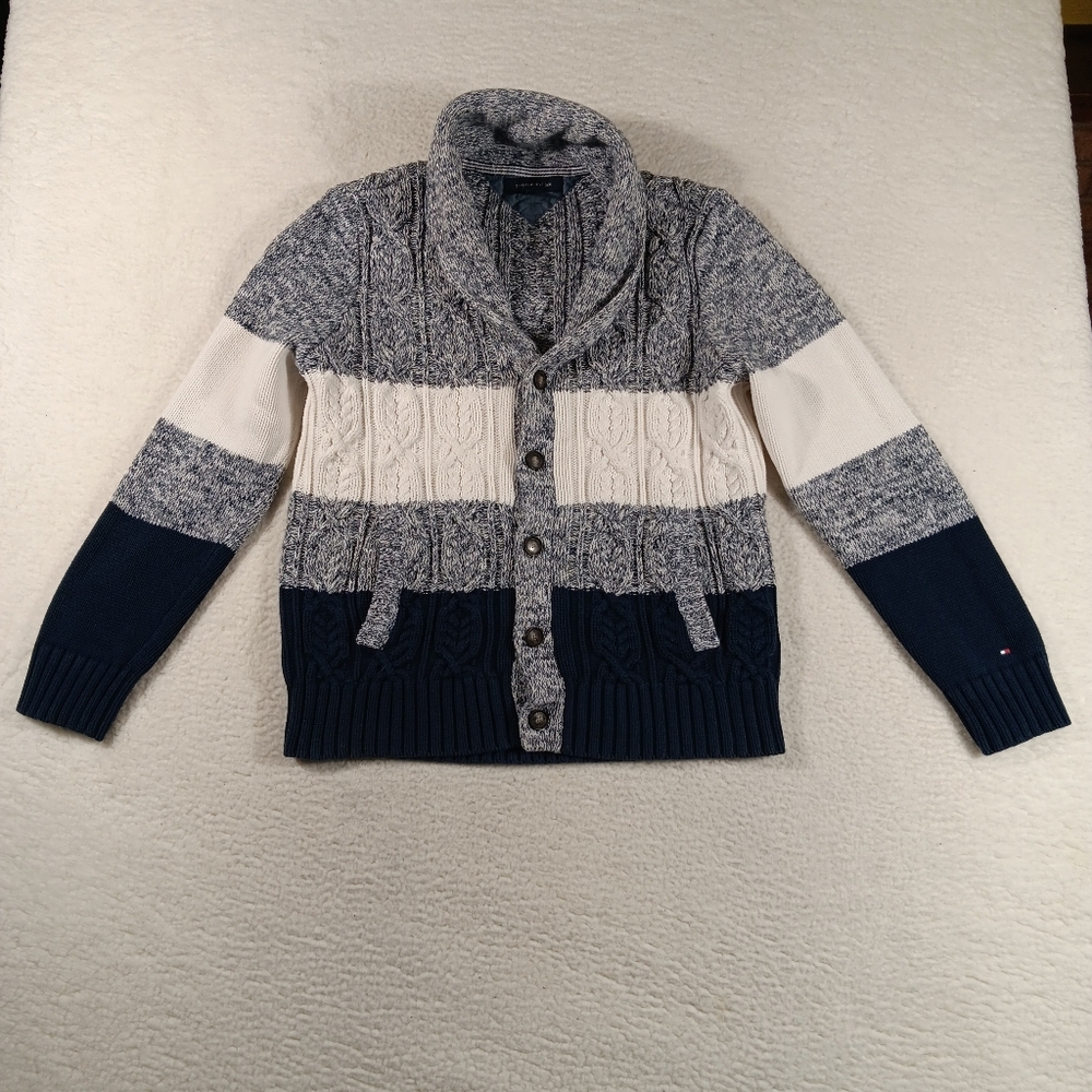 Tommy Hilfiger Sweater Mens Large Shawl Neck Cardigan Chunky Knit HeavyWeight